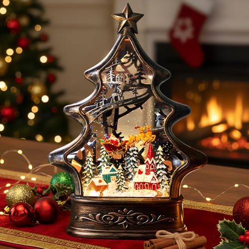 Christmas Snow Globe Lantern Water Glittering Buildings Santa's Deer with Music& Timer, USB Lined and Battery, alternate view
