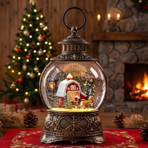 Christmas Snow Globes Christmas Water Lantern with Carriage Red barn Farm Scene Music & 6H Timer USB