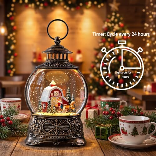 Christmas Snow Globes Christmas Water Lantern with Carriage Red barn Farm Scene Music & 6H Timer USB, alternate view 2