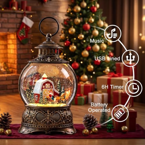 Christmas Snow Globes Christmas Water Lantern with Carriage Red barn Farm Scene Music & 6H Timer USB, alternate view 3