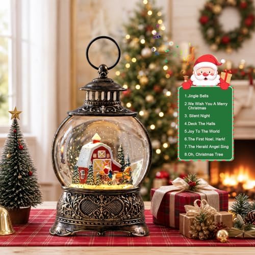 Christmas Snow Globes Christmas Water Lantern with Carriage Red barn Farm Scene Music & 6H Timer USB, alternate view 4