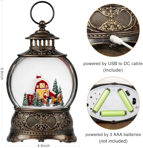 Christmas Snow Globes Christmas Water Lantern with Carriage Red barn Farm Scene Music & 6H Timer USB, alternate view 5