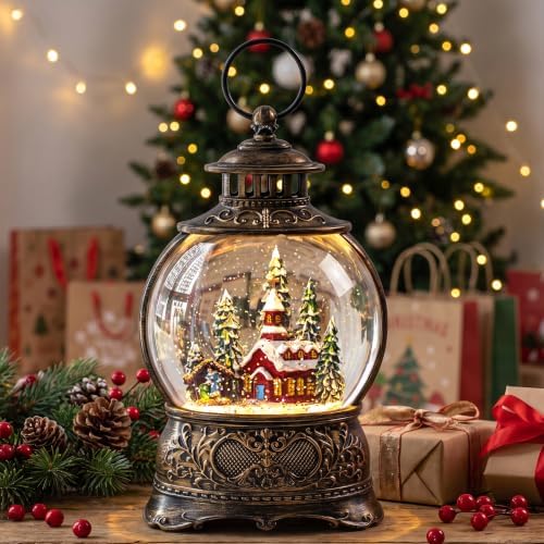 Christmas Snow Globes Christmas Water Lantern with Church & Nativity Scene Music & 6H Timer USB Lined/Battery