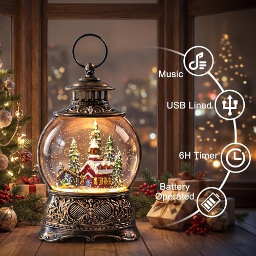 Christmas Snow Globes Christmas Water Lantern with Church & Nativity Scene Music & 6H Timer USB Lined/Battery, alternate view