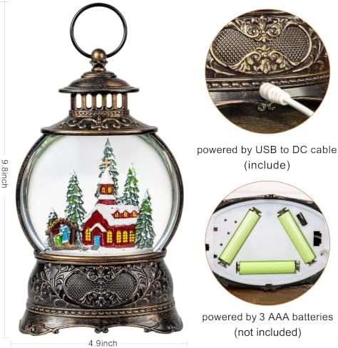 Christmas Snow Globes Christmas Water Lantern with Church & Nativity Scene Music & 6H Timer USB Lined/Battery, alternate view