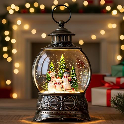 Christmas Snow Globes Christmas Water Lantern with Snowman Family with sled Christmas Tree Music & 6H Timer, USB