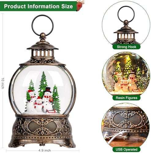 Christmas Snow Globes Christmas Water Lantern with Snowman Family with sled Christmas Tree Music & 6H Timer, USB, alternate