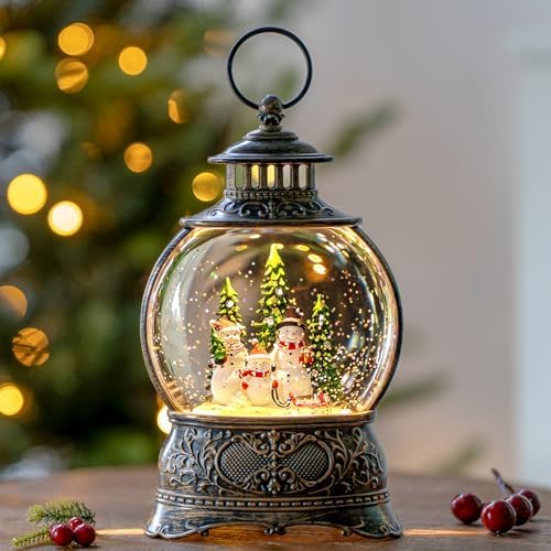Christmas Snow Globes Christmas Water Lantern with Snowman Family with sled Christmas Tree Music & 6H Timer, USB, alternate