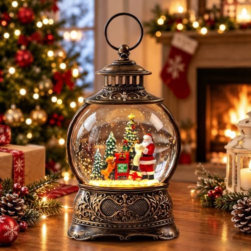 Christmas Snow Globes Christmas Water Lantern with Vintage Santa & Letters to Santa Mailbox Scene Music & 6H