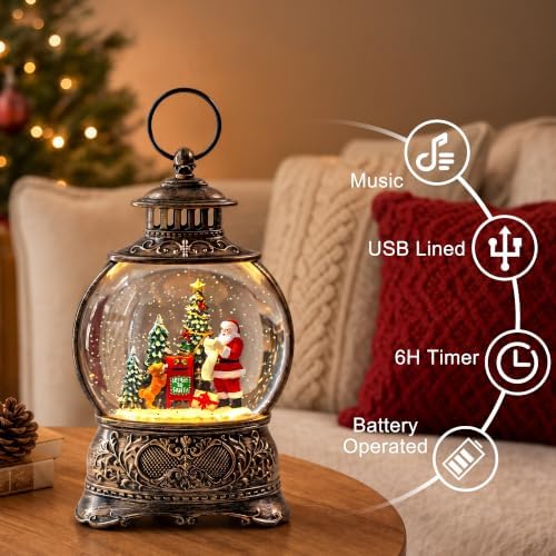Christmas Snow Globes Christmas Water Lantern with Vintage Santa & Letters to Santa Mailbox Scene Music & 6H, alternate view