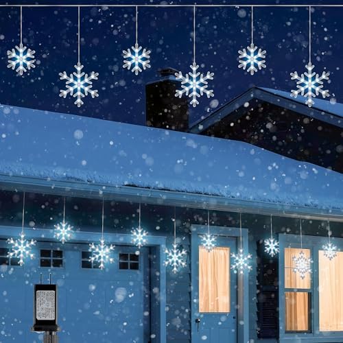 Christmas Snowflake Icicle Lights,9 ft 150 LEDs Curtain Lights with 10 Drops, 3 Strands Connectable, Waterproof