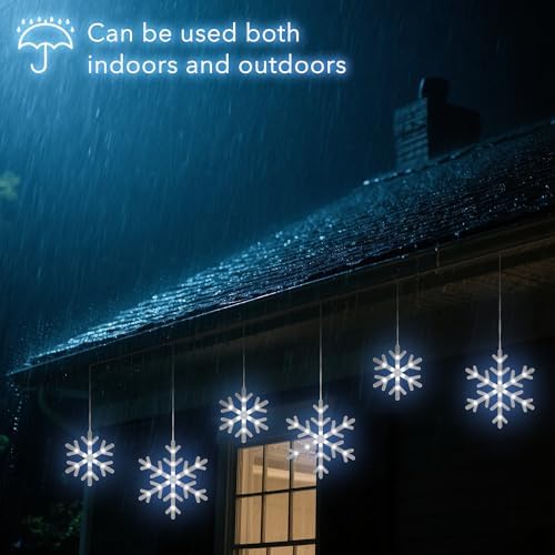 Christmas Snowflake Icicle Lights,9 ft 150 LEDs Curtain Lights with 10 Drops, 3 Strands Connectable, Waterproof, alternate