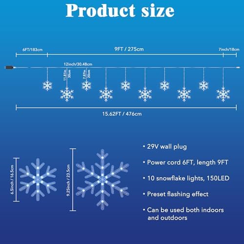 Christmas Snowflake Icicle Lights,9 ft 150 LEDs Curtain Lights with 10 Drops, 3 Strands Connectable, Waterproof, alternate