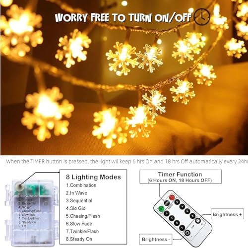Christmas Snowflake Lights, 20ft 40LED 8 Modes & Timer Battery Operated Snowflake Decorations with Remote, alternate view 5