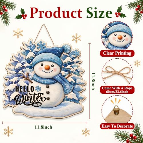 Christmas Snowman Decorations Hello Winter Hanging Wooden Door Sign, alternate view 3
