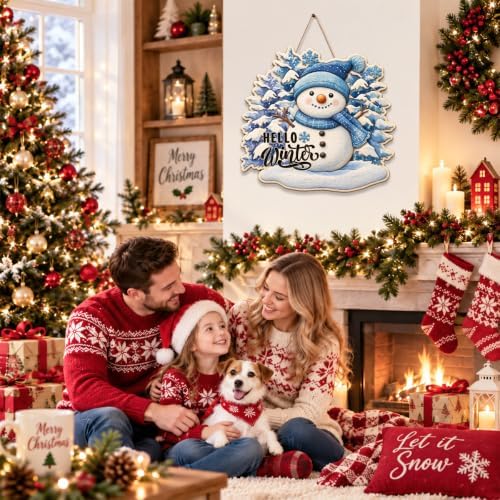 Christmas Snowman Decorations Hello Winter Hanging Wooden Door Sign, alternate view 5