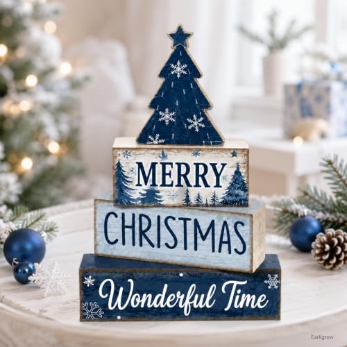 Christmas Table Decorations Wooden Blue Xmas Tree Tiered Tray Decor, alternate view 2