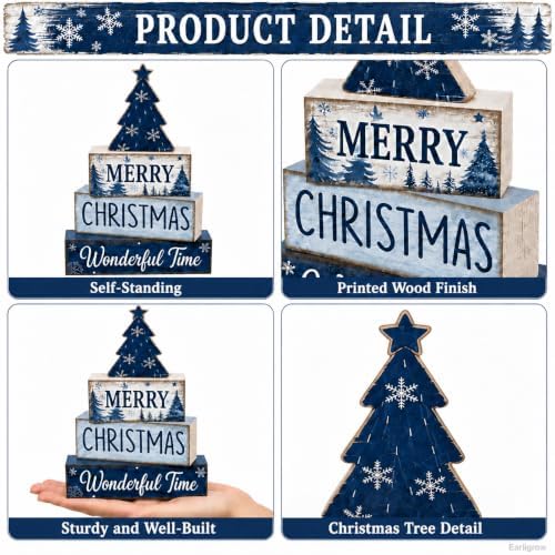 Christmas Table Decorations Wooden Blue Xmas Tree Tiered Tray Decor, alternate view 3
