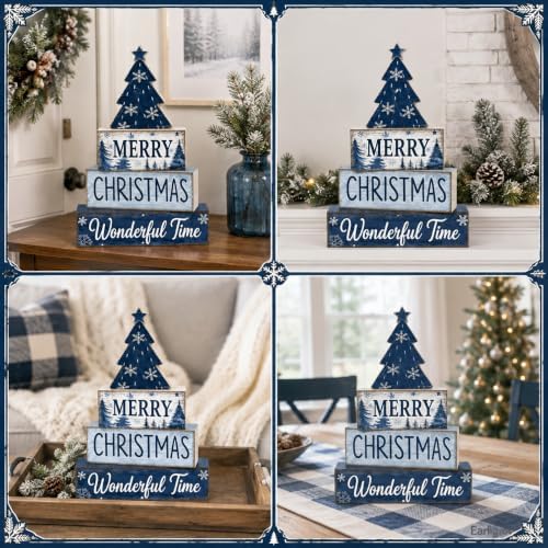 Christmas Table Decorations Wooden Blue Xmas Tree Tiered Tray Decor, alternate view 6