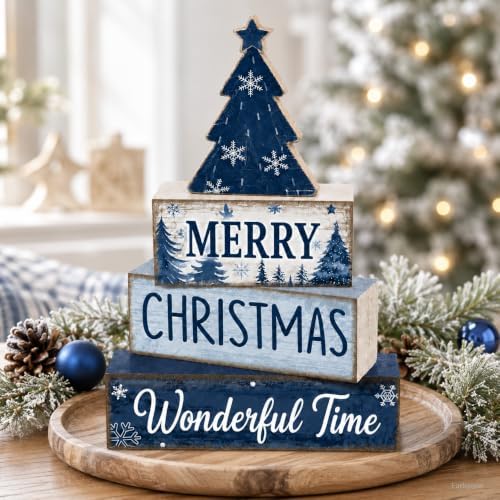 Christmas Table Decorations Wooden Blue Xmas Tree Tiered Tray Decor, alternate view 7