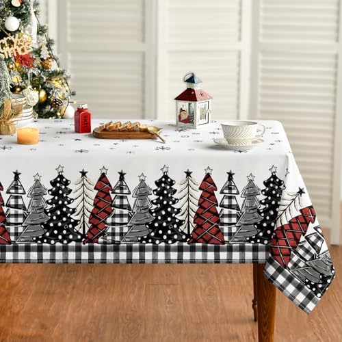 Christmas Tablecloth 52×70 Inch Rectangular, Christmas Trees Buffalo Plaid Black Washable Table Cover for Party