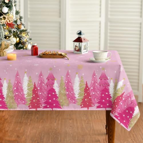 Christmas Tablecloth 52×70 Inch Rectangular, Pink Tree Border Christmas Washable Seasonal Table Cover for Party