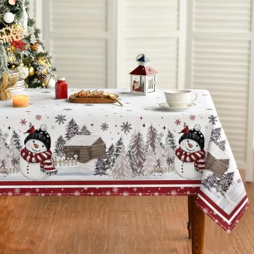 Christmas Tablecloth 52×70 Inch Rectangular, Red Bordered Pine Pattern Table Cover for Kitchen Dining Christmas
