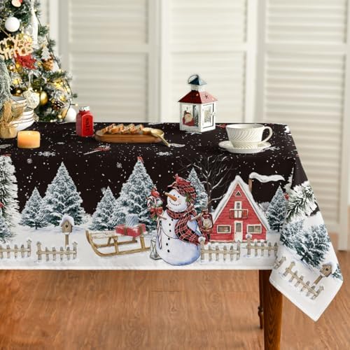 Christmas Tablecloth 60×104 Inch Rectangular, Winter Snowman House Christmas Trees Black Washable Table Cover