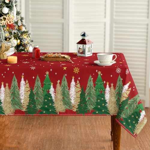 Christmas Tablecloth 60×140 Inch Rectangular, Christmas Trees Red Washable Table Cover for Party Picnic Dinner