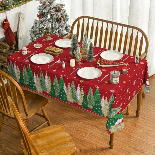 Christmas Tablecloth 60×140 Inch Rectangular, Christmas Trees Red Washable Table Cover for Party Picnic Dinner, alternate
