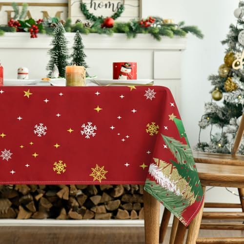 Christmas Tablecloth 60×140 Inch Rectangular, Christmas Trees Red Washable Table Cover for Party Picnic Dinner, alternate