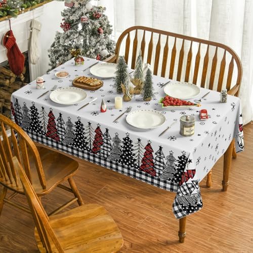 Christmas Tablecloth 60×60 Inch Square, Christmas Trees Buffalo Plaid Black Washable Table Cover for Party, alternate view 2