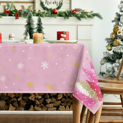 Christmas Tablecloth 60×60 Inch Square, Pink Tree Border Christmas Washable Seasonal Table Cover for Party, alternate view 3