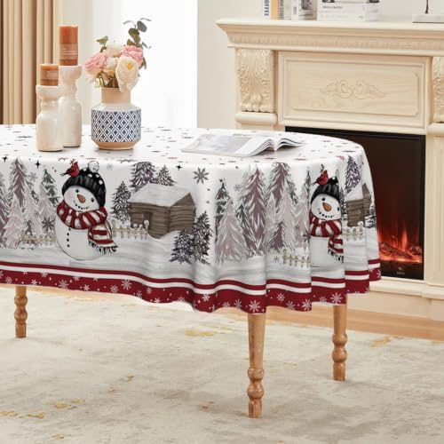 Christmas Tablecloth 60×84 Inch Oval, Red Bordered Pine Pattern Table Cover for Kitchen Dining Christmas Party