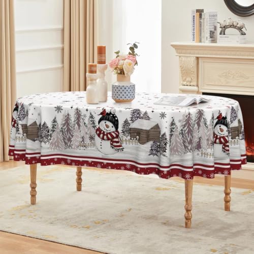 Christmas Tablecloth 60×84 Inch Oval, Red Bordered Pine Pattern Table Cover for Kitchen Dining Christmas Party, alternate