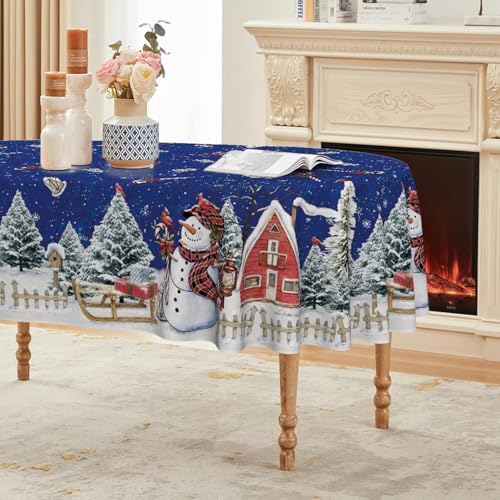 Christmas Tablecloth 60×84 Inch Oval, Winter Snowman House Christmas Trees Blue Washable Table Cover for Party