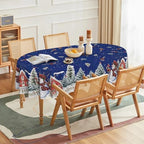 Christmas Tablecloth 60×84 Inch Oval, Winter Snowman House Christmas Trees Blue Washable Table Cover for Party, alternate