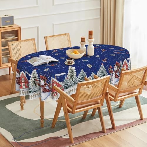 Christmas Tablecloth 60×84 Inch Oval, Winter Snowman House Christmas Trees Blue Washable Table Cover for Party, alternate