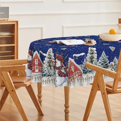 Christmas Tablecloth 60×84 Inch Oval, Winter Snowman House Christmas Trees Blue Washable Table Cover for Party, alternate