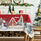 Christmas Tablecloth 60×84 Inch, Winter Snowman House Christmas Trees Red Washable Table Cover for Party Picnic, alternate