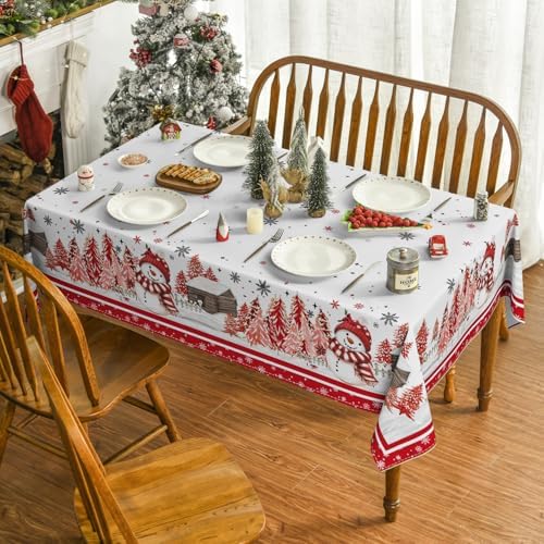 Christmas Tablecloth 60 x 140 Inch Rectangular Red Snowman Pine in 60 x 140 Inch, alternate view 2