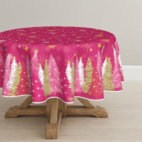 Christmas Tablecloth 60 x 60 Inch Round Christmas Trees Pink in 60 x 60 Inch