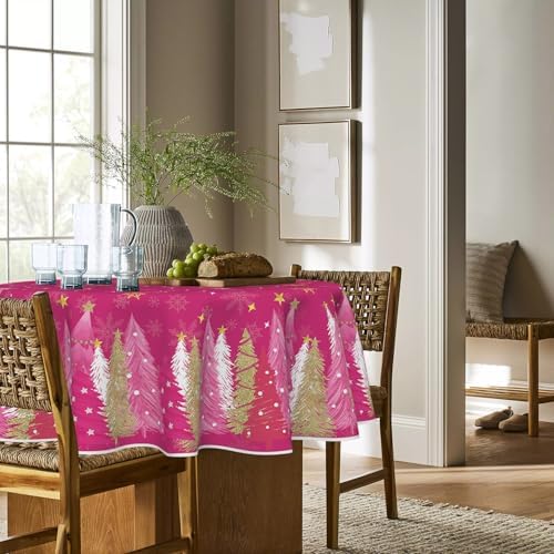 Christmas Tablecloth 60 x 60 Inch Round Christmas Trees Pink in 60 x 60 Inch, alternate view 3
