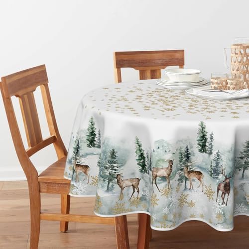 Christmas Tablecloth 60 x 60 Inch Round Golden Snow Deers in 60 x 60 Inch, alternate view 2