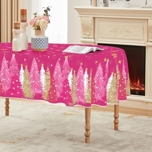 Christmas Tablecloth 60 x 84 Inch Oval Christmas Trees Pink in 60 x 84 Inch