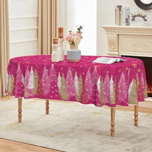 Christmas Tablecloth 60 x 84 Inch Oval Christmas Trees Pink in 60 x 84 Inch, alternate view 3