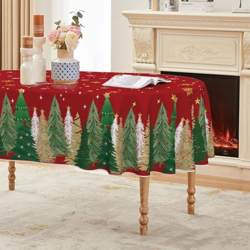 Christmas Tablecloth 60 x 84 Inch Oval Christmas Trees Red in 60 x 84 Inch