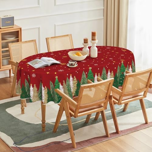 Christmas Tablecloth 60 x 84 Inch Oval Christmas Trees Red in 60 x 84 Inch, alternate view 2