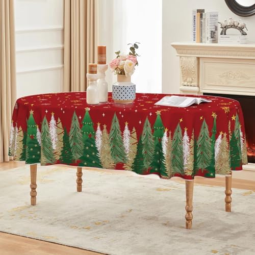 Christmas Tablecloth 60 x 84 Inch Oval Christmas Trees Red in 60 x 84 Inch, alternate view 3