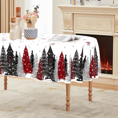 Christmas Tablecloth 60 x 84 Inch Oval Christmas Trees Red Black in 60 x 84 Inch
